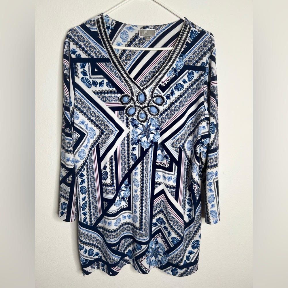 JM Collection Blue Shealls 3/4 Sleeve Stretch V-Neck Blouse - Size 1X